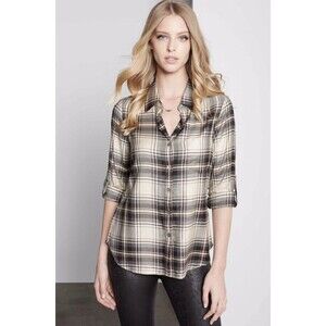 $160 Karen Kane Women'S Beige Brown Plaid Long-Sleeve Button-Down Shirt Size M
